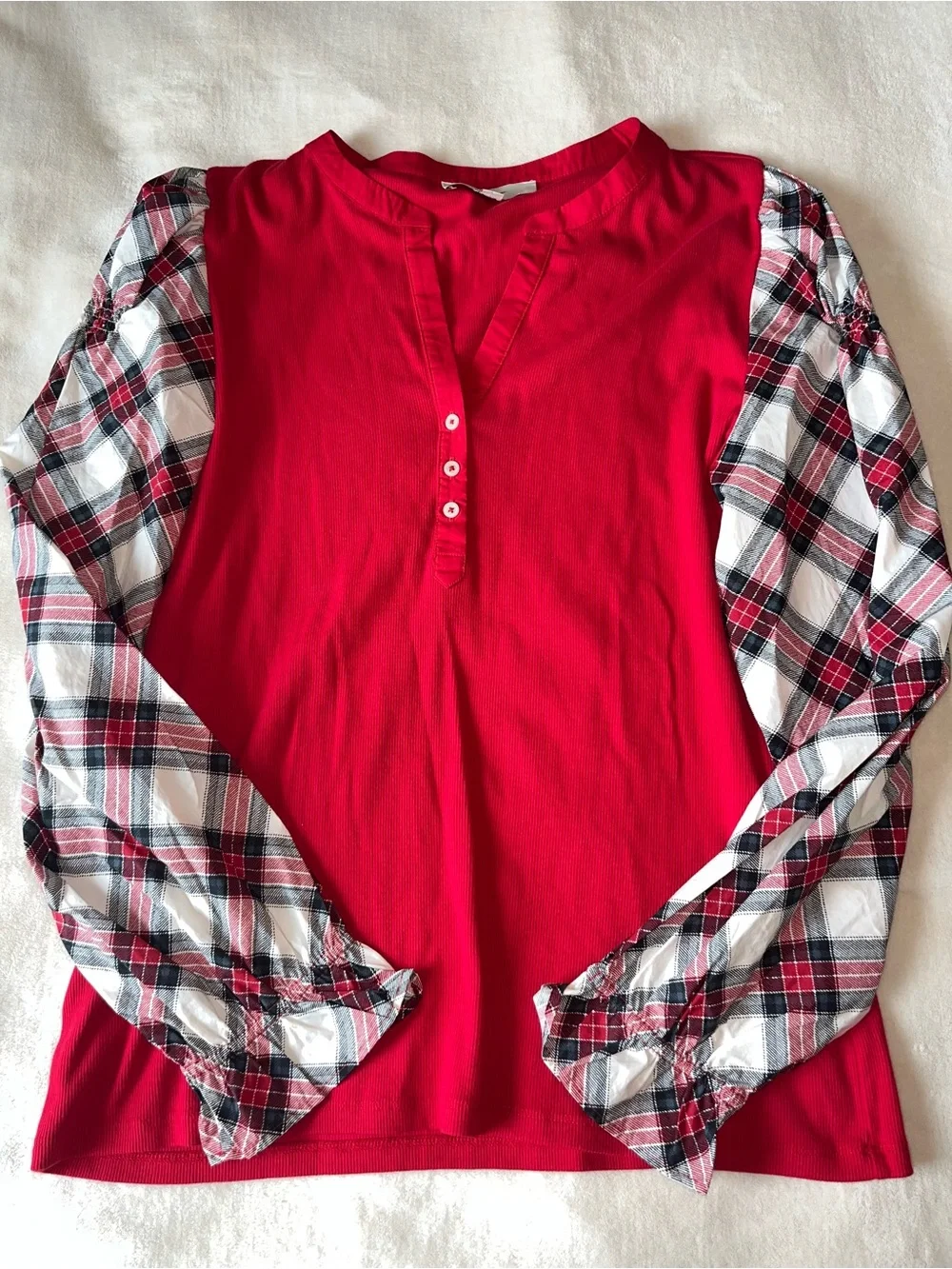 LOFT Red Henley Top with Plaid Puff Sleeves Mixed Media V Neck Buttons Sz XL